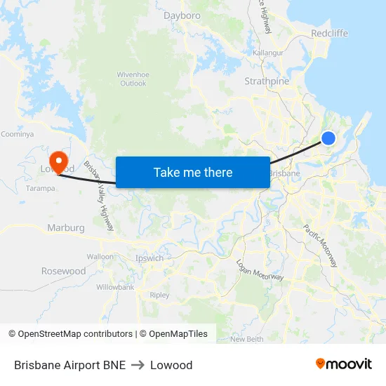 Brisbane Airport BNE to Lowood map