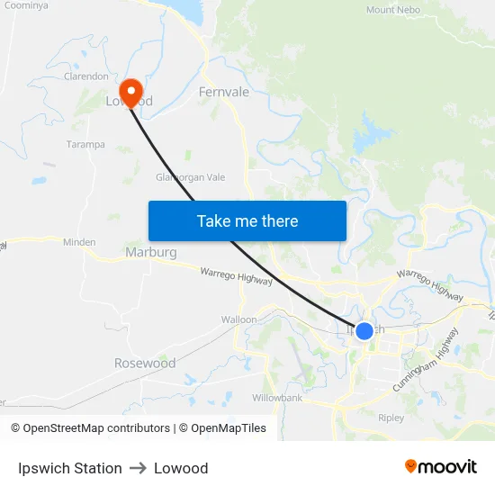 Ipswich Station to Lowood map