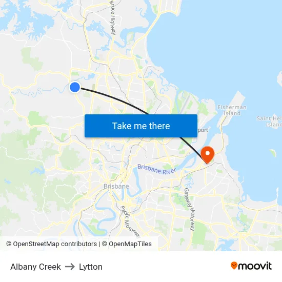 Albany Creek to Lytton map