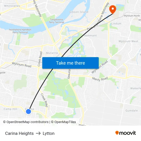 Carina Heights to Lytton map