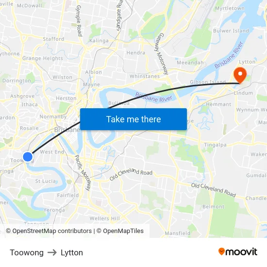 Toowong to Lytton map