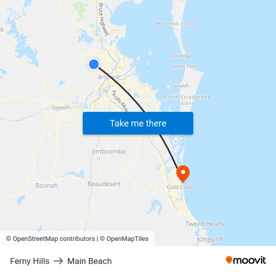 Ferny Hills to Main Beach map