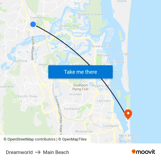 Dreamworld to Main Beach map