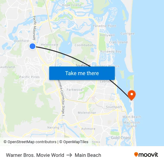 Warner Bros. Movie World to Main Beach map