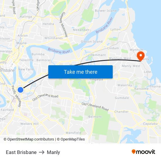 East Brisbane to Manly map