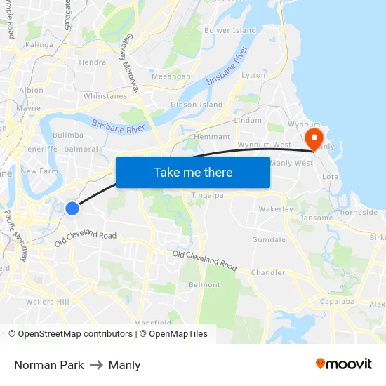 Norman Park to Manly map