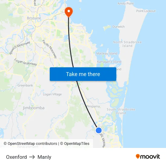 Oxenford to Manly map