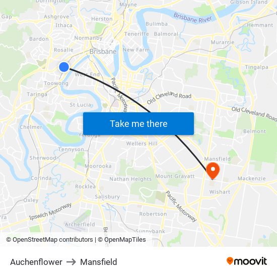 Auchenflower to Mansfield map