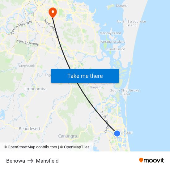 Benowa to Mansfield map