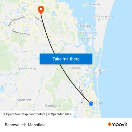 Benowa to Mansfield map
