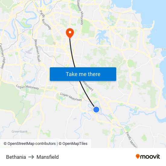 Bethania to Mansfield map