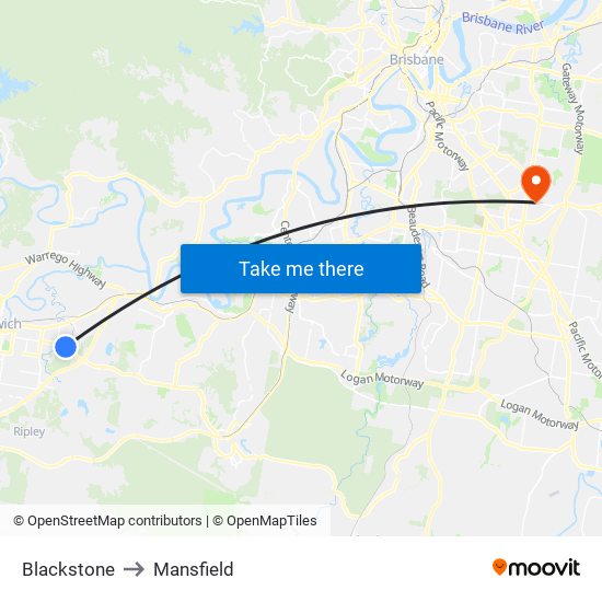 Blackstone to Mansfield map
