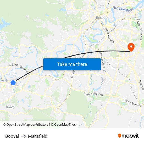 Booval to Mansfield map
