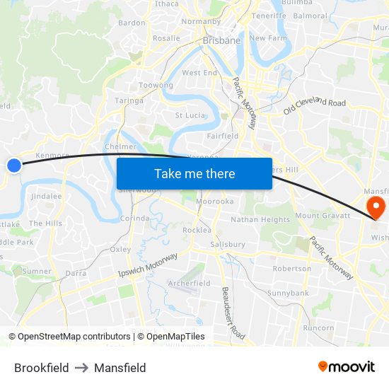 Brookfield to Mansfield map