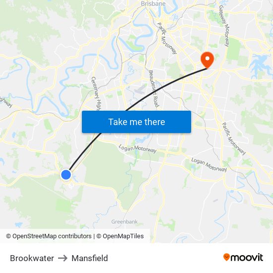 Brookwater to Mansfield map