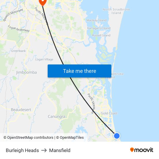 Burleigh Heads to Mansfield map