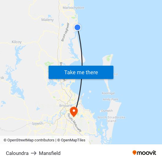 Caloundra to Mansfield map