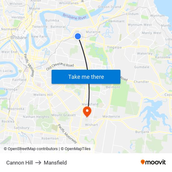 Cannon Hill to Mansfield map