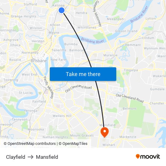 Clayfield to Mansfield map