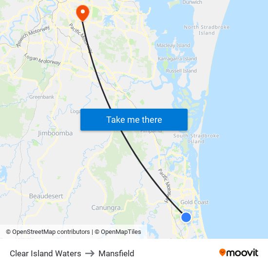 Clear Island Waters to Mansfield map