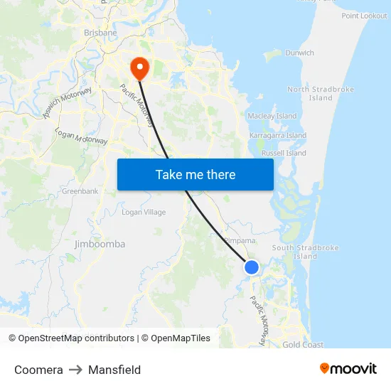 Coomera to Mansfield map