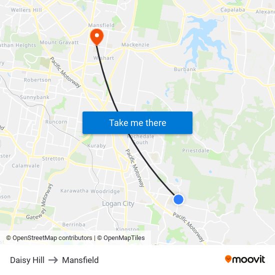 Daisy Hill to Mansfield map