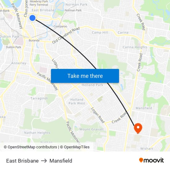 East Brisbane to Mansfield map