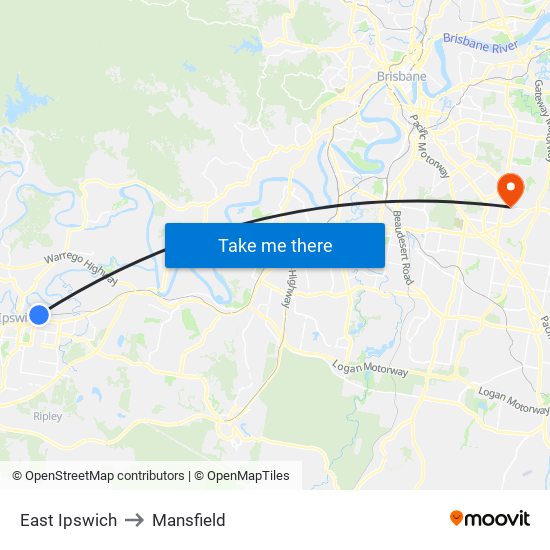 East Ipswich to Mansfield map