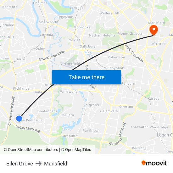 Ellen Grove to Mansfield map