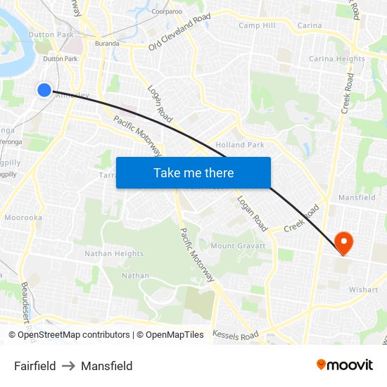 Fairfield to Mansfield map