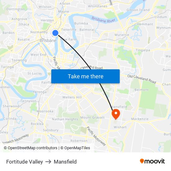 Fortitude Valley to Mansfield map