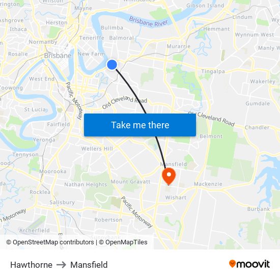 Hawthorne to Mansfield map