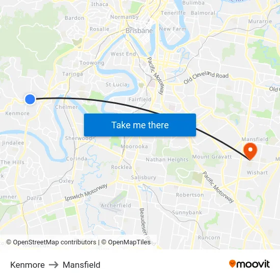 Kenmore to Mansfield map