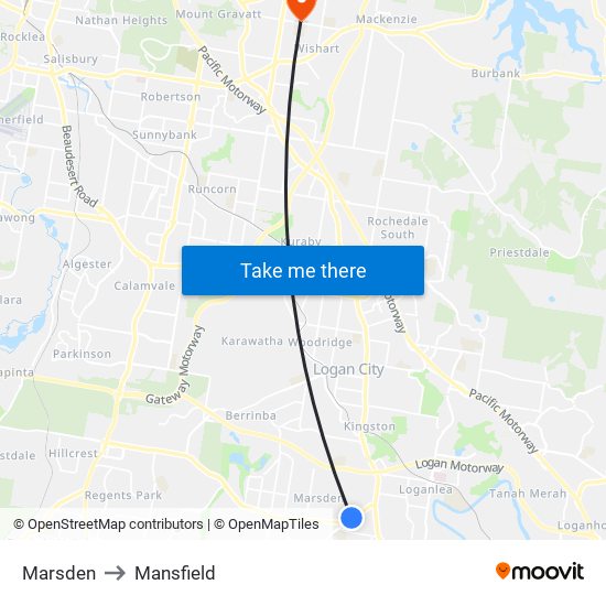 Marsden to Mansfield map