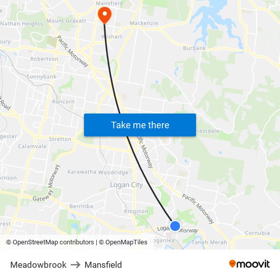 Meadowbrook to Mansfield map