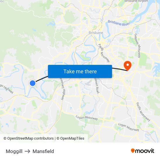 Moggill to Mansfield map