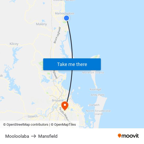 Mooloolaba to Mansfield map