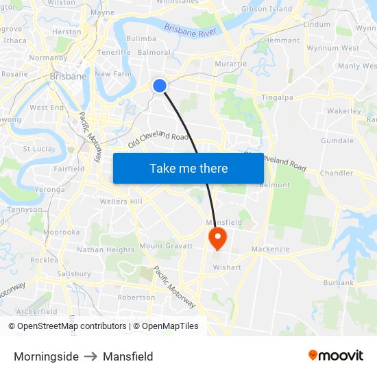 Morningside to Mansfield map