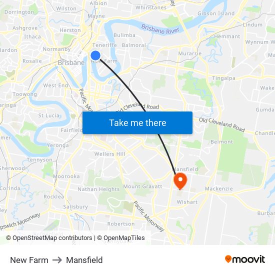 New Farm to Mansfield map