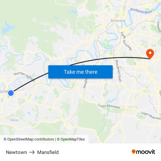 Newtown to Mansfield map