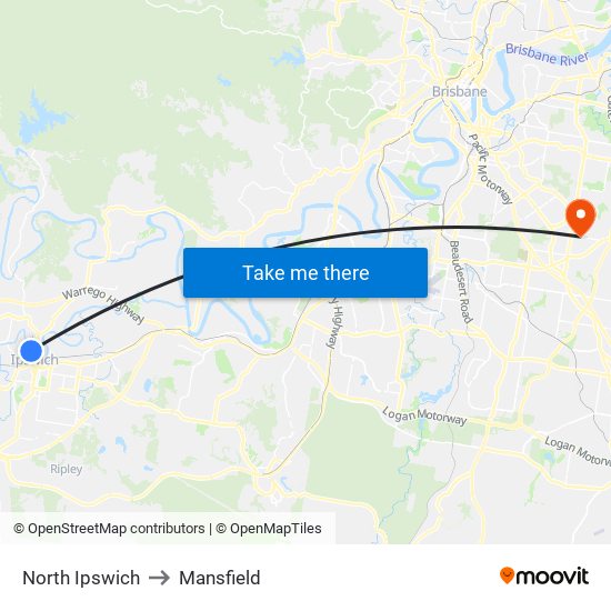 North Ipswich to Mansfield map