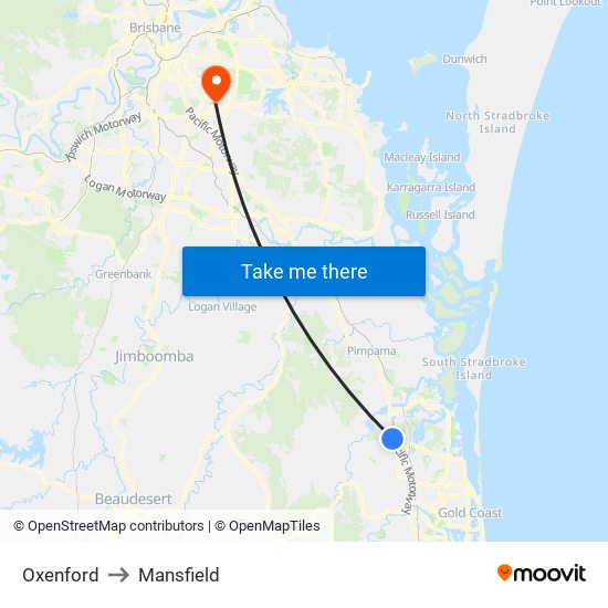Oxenford to Mansfield map