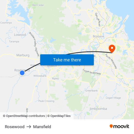 Rosewood to Mansfield map