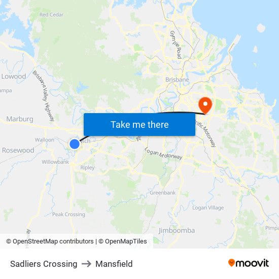 Sadliers Crossing to Mansfield map