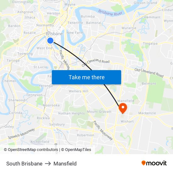 South Brisbane to Mansfield map