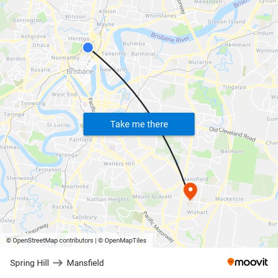 Spring Hill to Mansfield map
