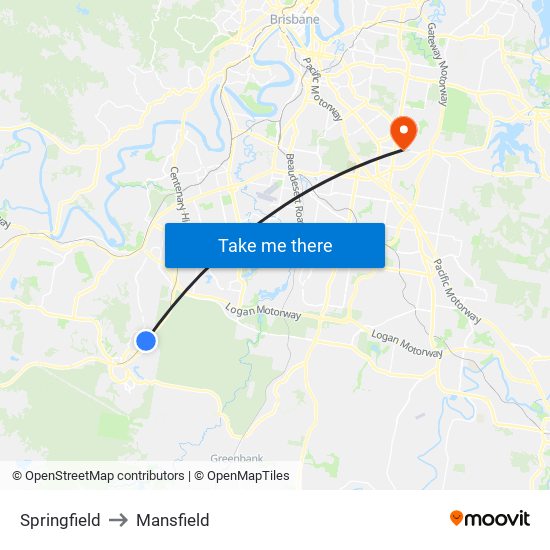 Springfield to Mansfield map