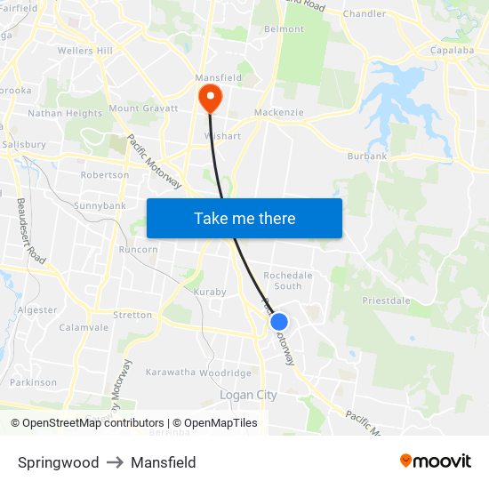 Springwood to Mansfield map