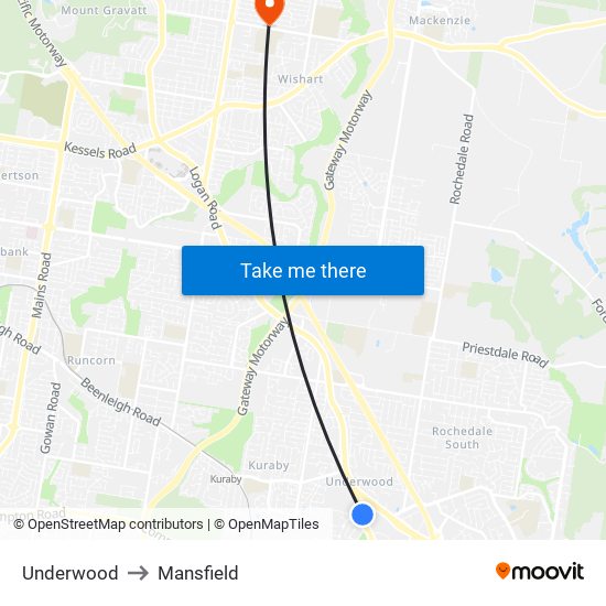 Underwood to Mansfield map