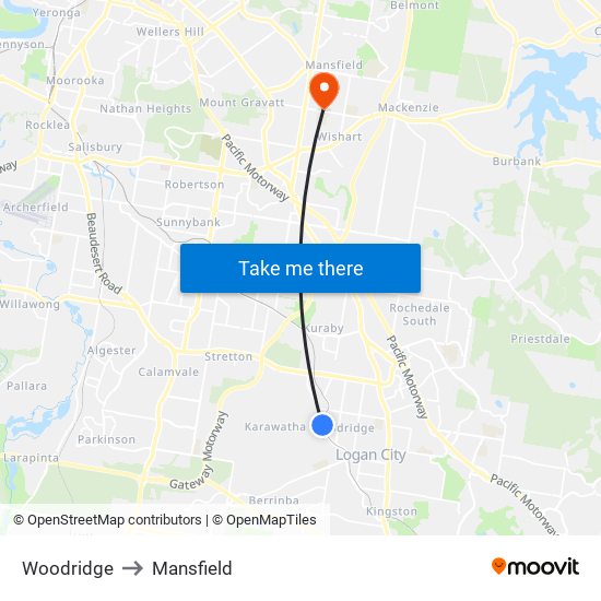 Woodridge to Mansfield map